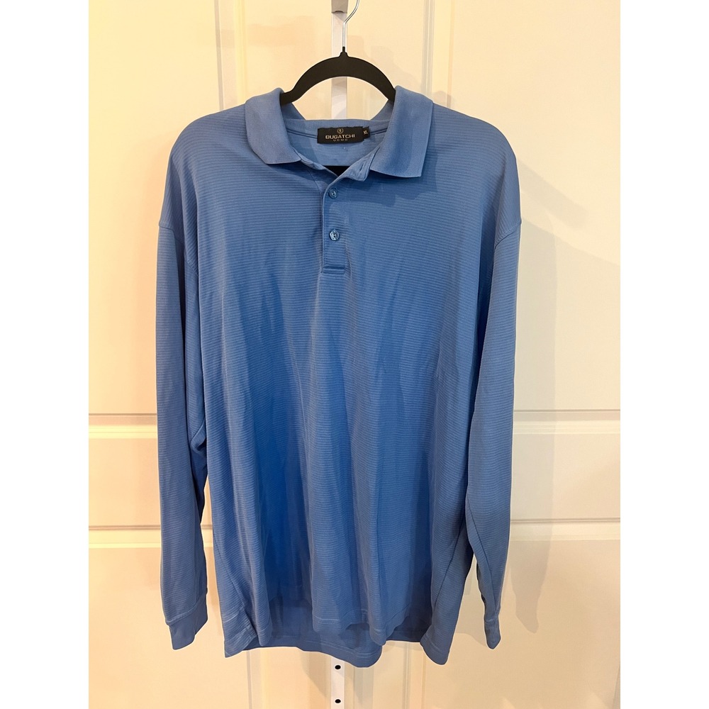 Bugatchi Uomo Mens XL Blue Long Sleeve Polo Shirt Modal Blend Ribbed Knit Top